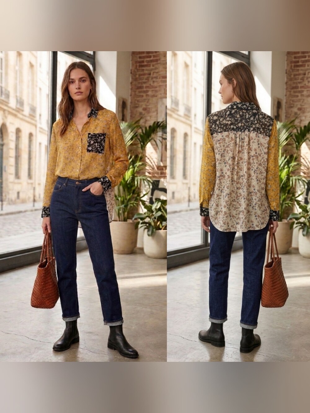 ​&.Layered Floral Patchwork Sheer Button Down Blouse Top Mustard Yellow Med M
